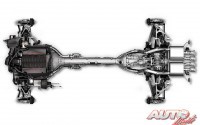 El Chevrolet Corvette C7 lleva el motor centrado por detrás del eje delantero y la caja de cambios situada por delante del eje trasero, obteniendo un reparto de pesos del 50 % en ambos ejes.