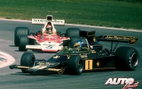Ronnie Peterson (Lotus 72E-Ford Cosworth 3.0 V8 nº 1) perseguido por Emerson Fittipaldi (McLaren M23-Ford Cosworth 3.0 V8 nº 5) durante un Gran Premio del Campeonato del Mundo de Fórmula 1 de 1974.