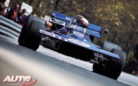 Jackie Stewart con el Tyrrell 001-Ford Cosworth 3.0 V8 en el circuito de Montjuic, durante el Gran Premio de España de Fórmula 1 de 1971.