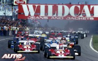 Salida del GP de Bélgica de 1976, disputado en el circuito de Zolder, con Niki Lauda (Ferrari 312 T2) comandando la carrera, seguido por James Hunt (McLaren M23) y Clay Regazzoni (Ferrari 312 T2 nº 2).