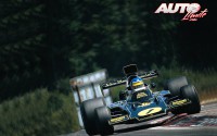 Ronnie Peterson apurando el vértice de una de las curvas de Dijon-Prenois al volante del Lotus-Ford 72E, durante el Gran Premio de Francia de Fórmula 1 de 1974.