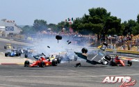 Espectacular accidente de Mauricio Gugelmin (Leyton House March-Judd CG891) durante la salida del Gran Premio de Francia de Fórmula 1 de 1989, disputado en el circuito de Paul Ricard.