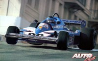 Jacques Laffitte pilotando al límite su Ligier-Matra JS7 3.0 V12, durante el GP de Estados Unidos del Oeste de 1977, disputado en el circuito urbano de Long Beach.