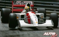 Ayrton Senna en pleno apoyo con su McLaren-Honda MP4/7A 3.5 V12, durante el GP de Mónaco de 1992, disputado en el circuito urbano de Monte Carlo.