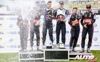Podio del Rally de Alemania 2016, puntuable para el Campeonato del Mundo de Rallyes WRC. De izquierda a derecha: Marc Martí y Dani Sordo (Hyundai), Julien Ingrassia y Sébastien Ogier (Volkswagen) y Nicolas Gilsoul con Thierry Neuville (Hyundai).