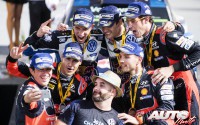 Podio de vencedores del Rally de España / Cataluña 2016, puntuable para el Campeonato del Mundo de Rallies WRC 2016. De izquierda a derecha: Marc Martí y Dani Sordo (Hyundai), Julien Ingrassia y Sébastien Ogier (Volkswagen) y Thierry Neuville junto a Nicolas Gilsoul (Hyundai).