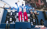 Podio del Rally de Suecia 2017. De izquierda a derecha: Martin Jarveoja y Ott Tänak (Ford), Miikka Anttila con Jari-Matti Latvala (Toyota) y Sébastien Ogier junto a Julien Ingrassia (Ford).