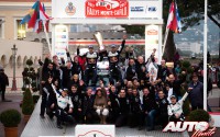 El equipo Ford M-Sport celebrando en el podio la victoria de Sébastien Ogier (Ford Fiesta WRC) en el Rally de Montecarlo 2017, puntuable para el Campeonato del Mundo de Rallies WRC 2017.