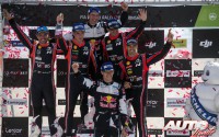 Podio del Rally de Portugal 2017, puntuable para el Campeonato del Mundo de Rallies WRC. Los vencedores, Sébastien Ogier y Julien Ingrassia (Ford), acompañados por Thierry Neuville y Nicolas Gilsoul (Hyundai), junto a Dani Sordo y Marc Martí (Hyundai).