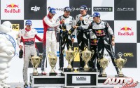 Ott Tänak (Ford), Andreas Mikkelsen (Citroën) y Sébastien Ogier en el podio del Rally de Alemania 2017, puntuable para el Campeonato del Mundo de Rallies WRC.