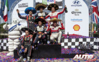 Podio del Rally de México 2018, puntuable para el Campeonato del Mundo de Rallies WRC. De izquierda a derecha y de arriba hacia abajo: Dani Sordo (Hyundai), Sébastien Ogier (Ford), Kris Meeke (Citroën), junto a sus respectivos copilotos, Carlos del Barrio, Julien Ingrassia y Paul Nagle.
