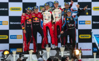 Podio del Rally de Suecia 2019, puntuable para el Campeonato del Mundo de Rallies WRC 2019. De izquierda a derecha: Janne Ferm y Esapekka Lappi (Citroën), Martin Järveoja junto a Ott Tänak (Toyota) y Nicolas Gilsoul con Thierry Neuville (Hyundai).