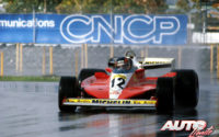 Gilles Villeneuve, al volante del Ferrari 312 T3, durante los entrenamientos en mojado del GP de Canadá de 1978, disputado en el circuito Isla de Notre Dame en Montreal.