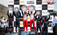 Podio del Rally deTurquía 2020, puntuable para el Campeonato del Mundo de Rallies WRC 2020. De izquierda a derecha: Nicolas Gilsoul y Thierry Neuville (Hyundai), Scott Martin con Elfyn Evans (Toyota) y Daniel Elena junto a Sébastien Loeb (Hyundai).