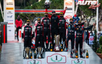 Podio del Rally de Montecarlo 2021, puntuable para el Campeonato del Mundo de Rallies 2021. De izquierda a derecha: Scott Martin y Elfyn Evans (Toyota), Julien Ingrassia con Jari-Matti Latvala (CEO de Toyota) y Sébastien Ogier (Toyota) y Thierry Neuville junto a Martijn Wydaeghe (Hyundai).