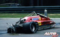 El Ferrari 126 C2 de Gilles Villeneuve quedó completamente destrozado tras su accidente en los entrenamientos clasificatorios del GP de Bélgica 1982, disputado en el circuito de Zolder.