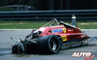 El Ferrari 126 C2 de Gilles Villeneuve quedó completamente destrozado tras su accidente mortal en los entrenamientos clasificatorios del GP de Bélgica 1982, disputado en el circuito de Zolder.