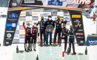 Podio del Rally Ártico de Finlandia 2021, puntuable para el Campeonato del Mundo de Rallies WRC 2021. De izquierda a derecha: Jonne Halttunen y Kalle Rovanperä (Toyota), Martin Järveoja con Scott Noh (Presidente de Hyundai Motorsport) y Ott Tänak (Hyundai) y Thierry Neuville junto a Martijn Wydaeghe (Hyundai).