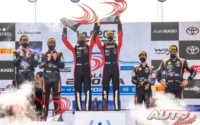 Podio del Rally de Estonia 2021, puntuable para el Campeonato del Mundo de Rallies WRC 2021. De izquierda a derecha: Paul Nagle y Craig Breen (Hyundai), Jonne Halttunen con Kalle Rovanperä (Toyota) y Martijn Wydaeghe junto a Thierry Neuville (Hyundai).